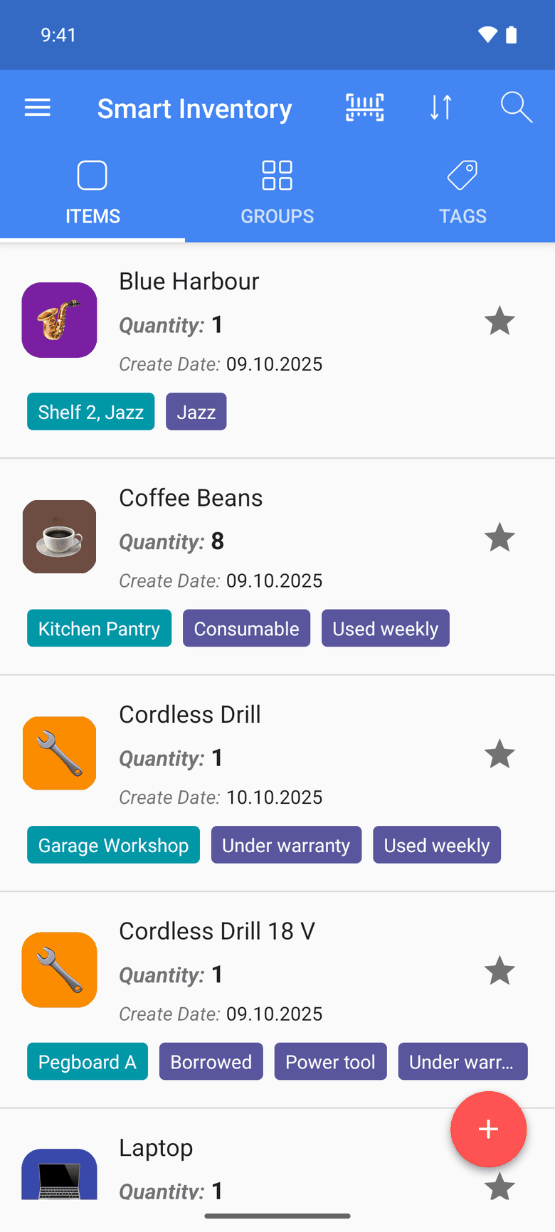 Smart Inventory showing a list of items with photos and quantities