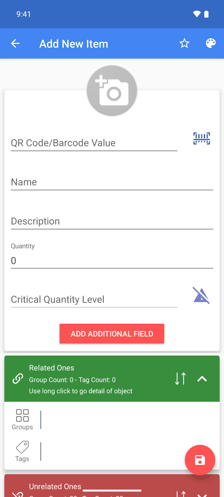 The Add New Item form with photo, name, quantity and critical level