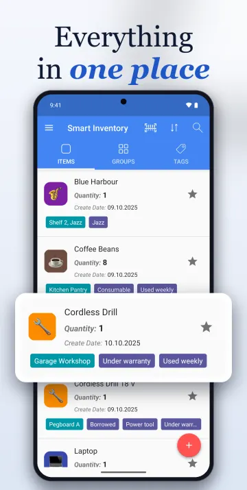 Smart Inventory screen showing the item list with photos and quantities.