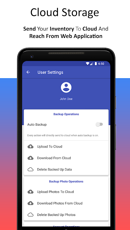 Smart Inventory app screen showing cloud storage