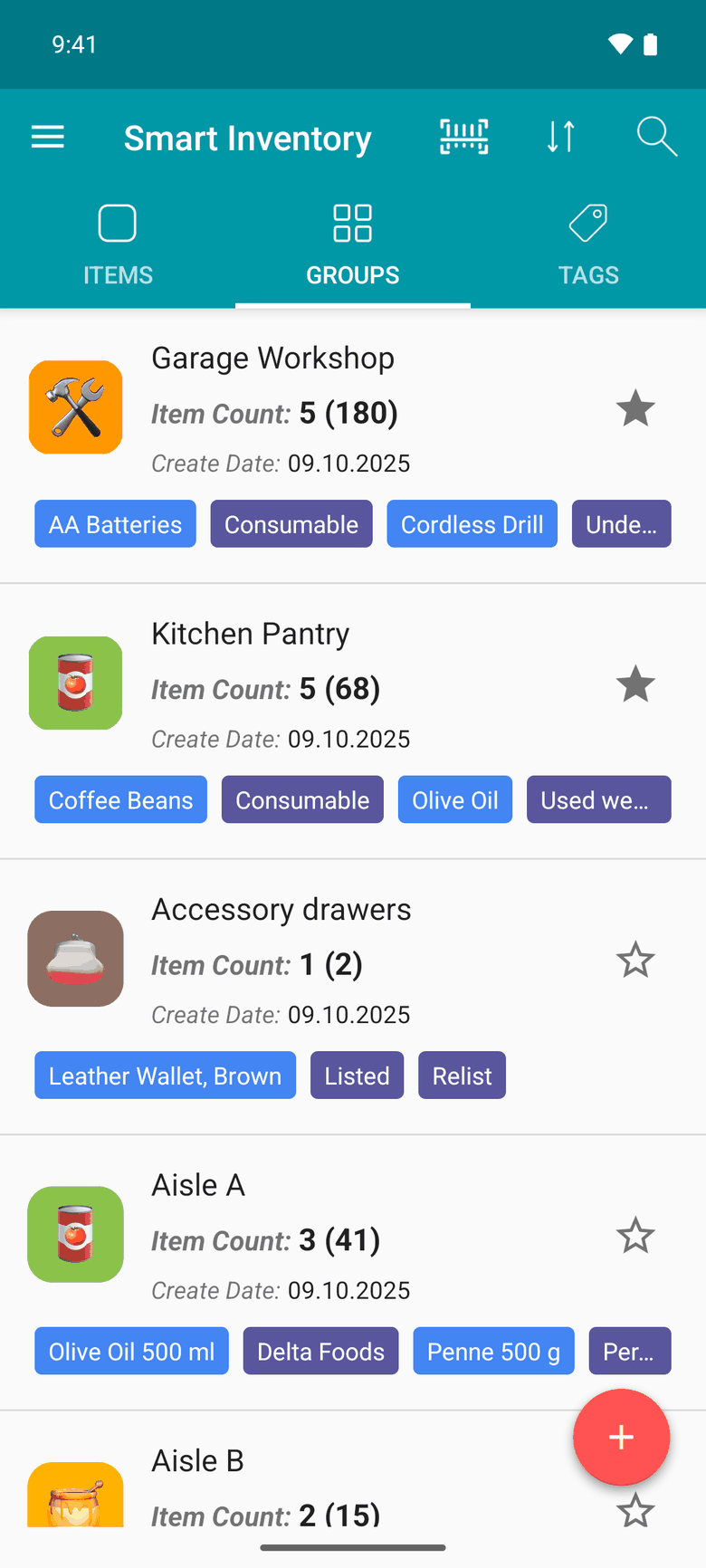 Groups such as Garage Workshop and Kitchen Pantry