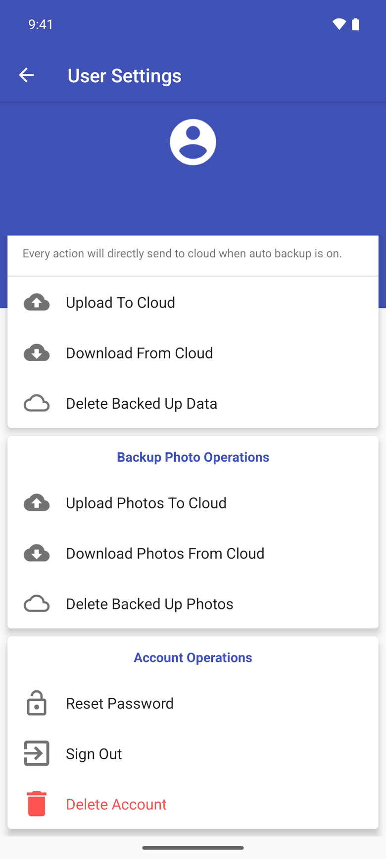 Cloud backup settings: upload and download your inventory and photos