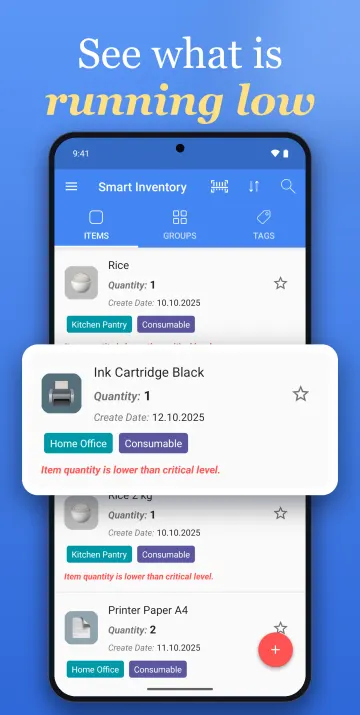 Smart Inventory screen highlighting items that are below their critical stock level.