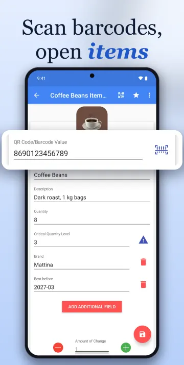 Smart Inventory item detail screen with photo, barcode, quantity and custom fields.