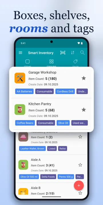 Smart Inventory screen organizing items into groups for rooms or shelves and tags.