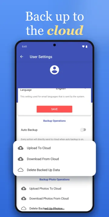 Smart Inventory cloud backup screen for uploading and downloading inventory data.