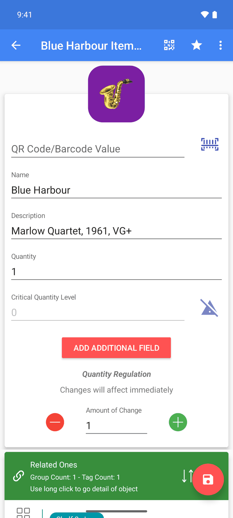 An item with its photo, quantity and custom fields