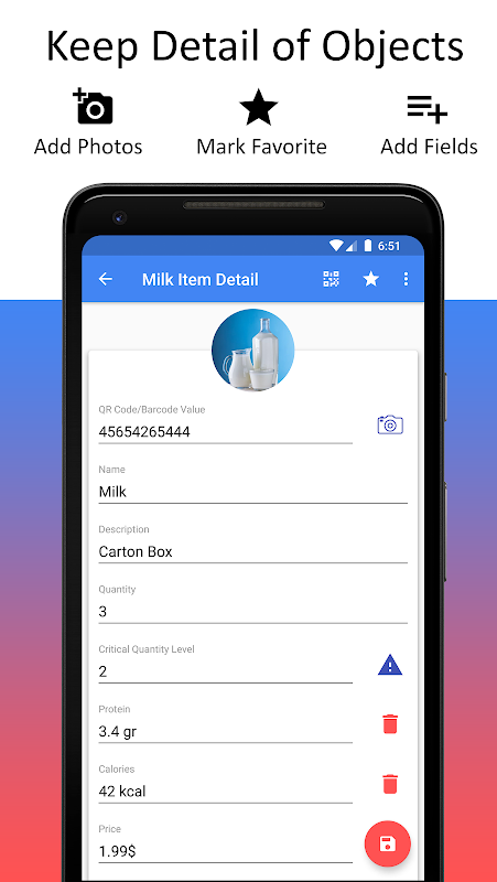 Smart Inventory app screen showing object details
