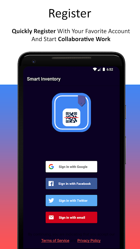 Smart Inventory app screen showing the sign-up flow