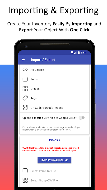 Smart Inventory app screen showing import and export