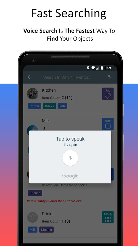 Smart Inventory app screen showing voice search