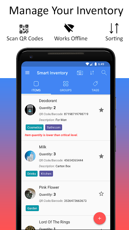 Smart Inventory app screen showing the inventory list